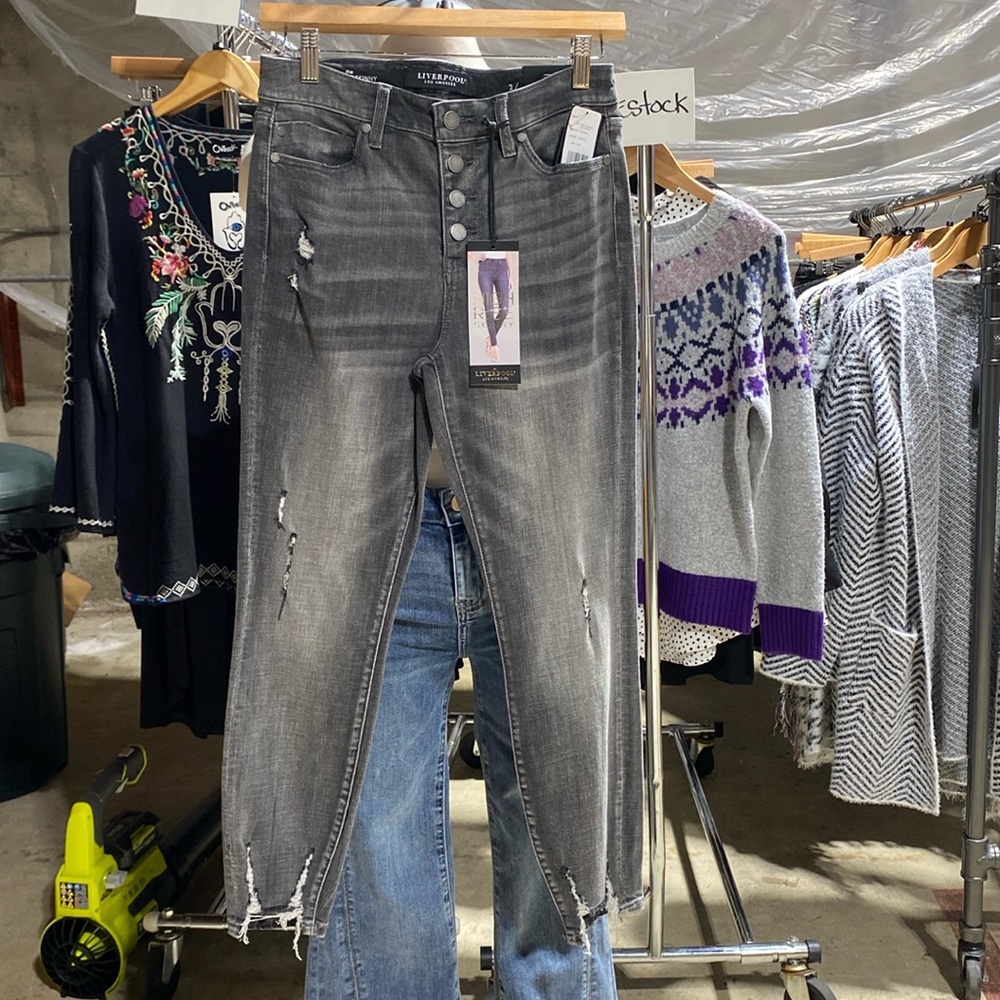 Abby High Rise button front stretch crop jeans. Light black wash